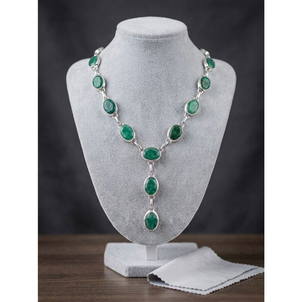 Stunning Faceted Emerald & Silver Adjustable Necklace Green Gemstone Jewelry New